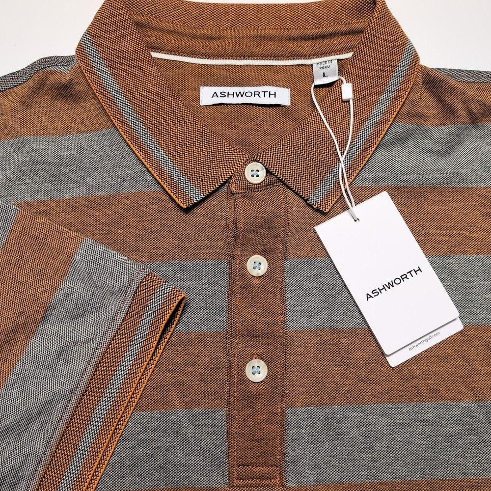 ASHWORTH Polo Shirt Mens Large Orange Grey NWT Striped Short Sleeve Golf